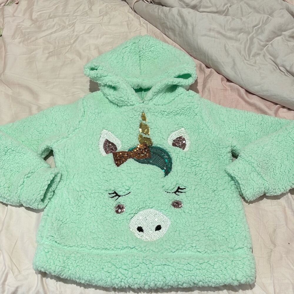 Miss Chevious M like 7 turquoise fleece unicorn sequin hooded sweatshirt nwot